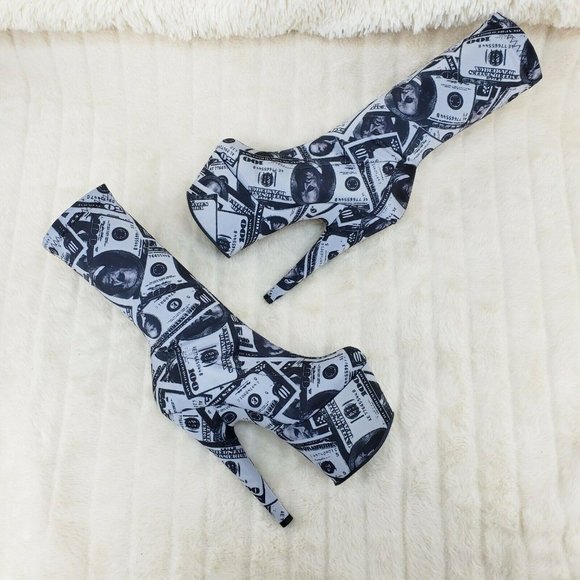 Dollar Money Print 7" High Heel Stretch Sock Platform Ankle Boots Adore 1002 - Picture 8 of 12